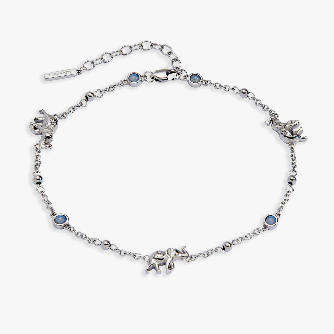 Silver-plated anklet featuring elephant charms and blue opal glass cabochons with a lobster clasp closure.
