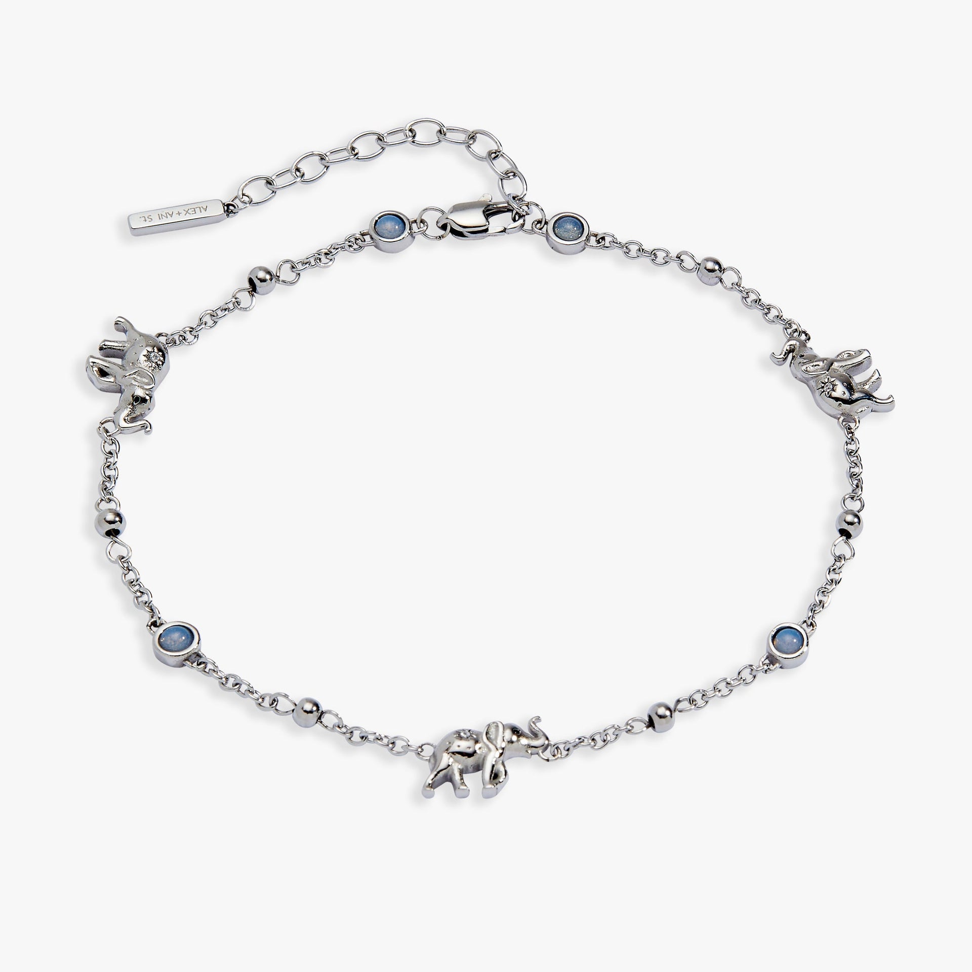 Silver-plated anklet featuring elephant charms and blue opal glass cabochons with a lobster clasp closure.