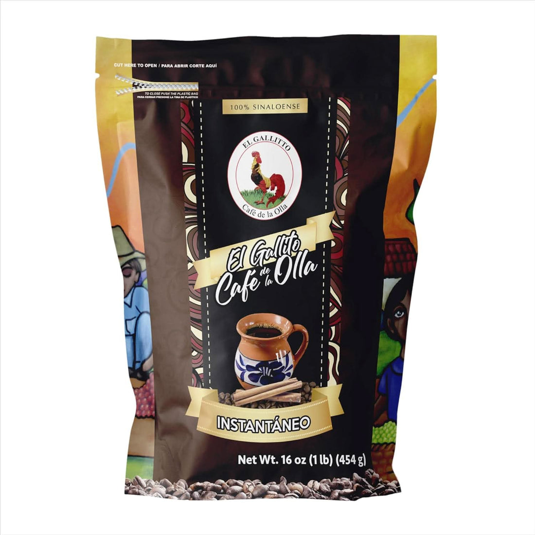 1 LB bag of EL GALLITO Café de la Olla in rustic earth tones with cinnamon and piloncillo accents.