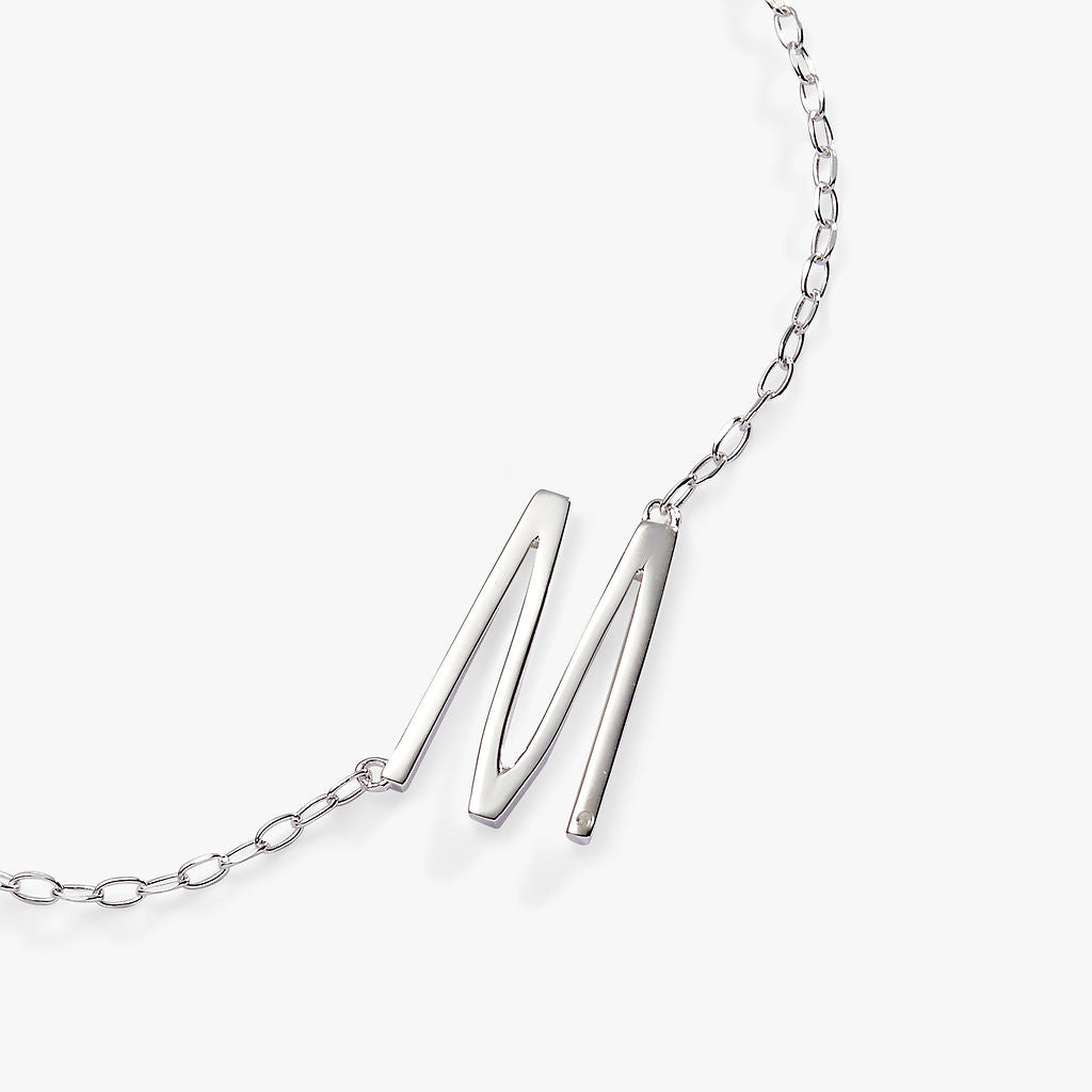 Sideways Initial M Pendant Necklace with Cubic Zirconia Accent