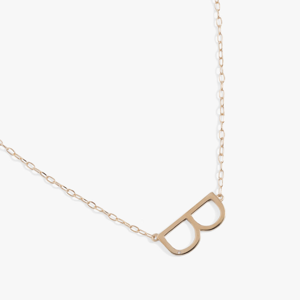 Initial B Sideways Pendant Necklace with Cubic Zirconia Accent