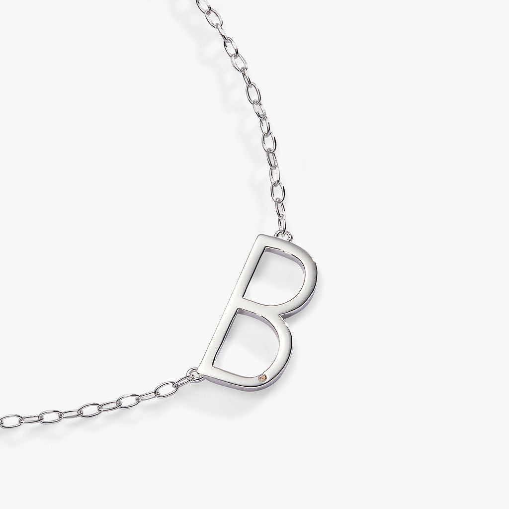 Initial B Sideways Pendant Necklace with Cubic Zirconia Accent