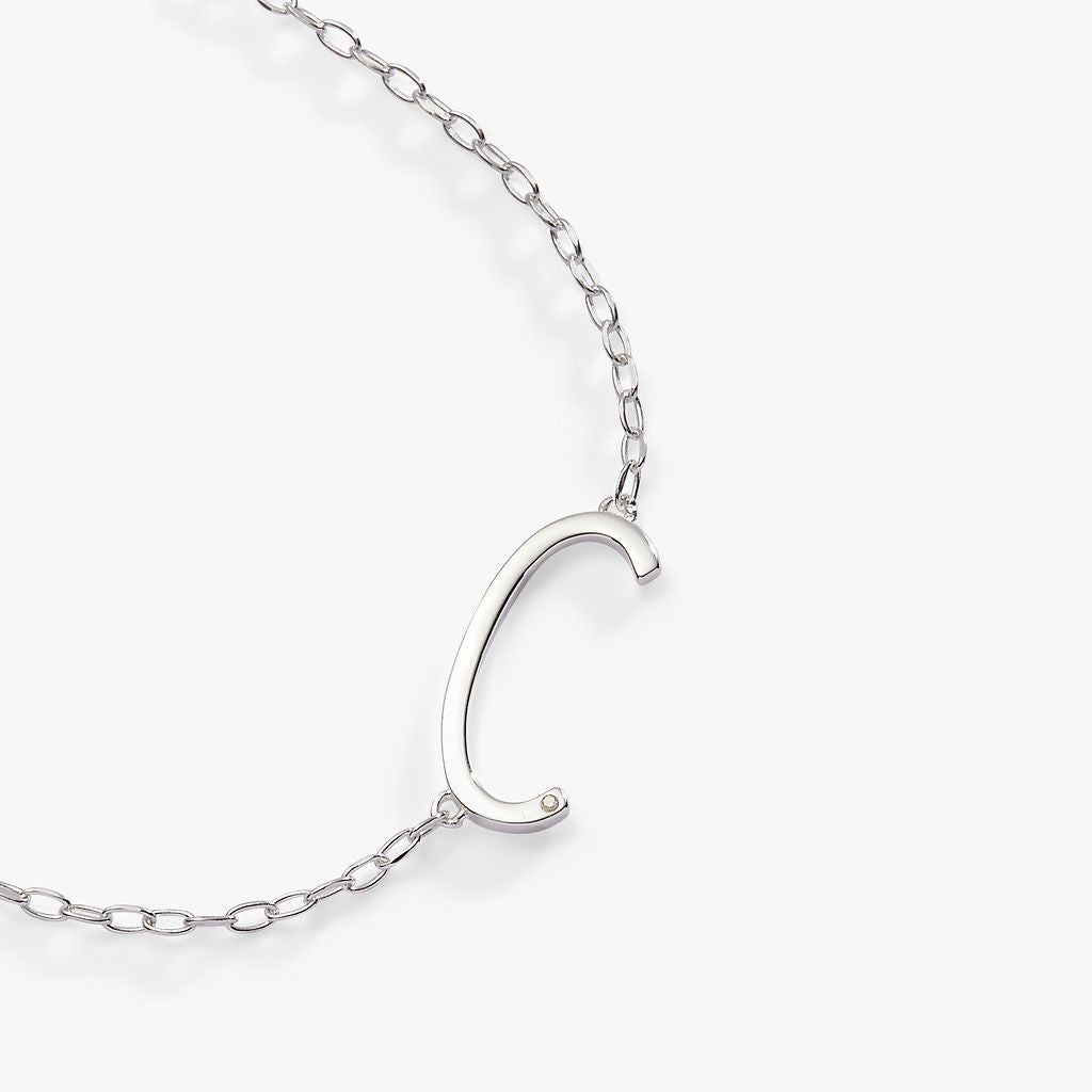 Initial C Sideways Pendant Necklace in Sterling Silver or Gold
