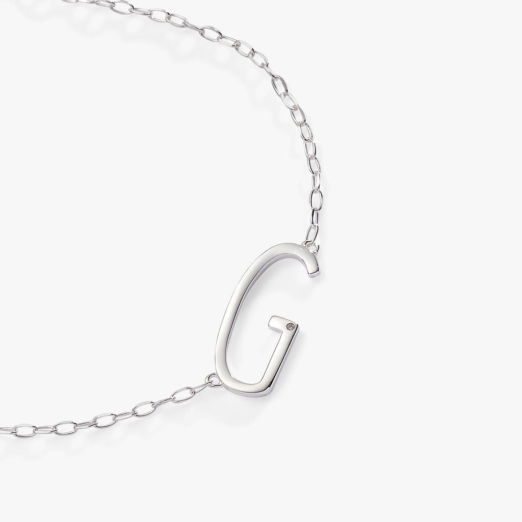 Initial G Elongated Sideways Necklace with Cubic Zirconia Accent