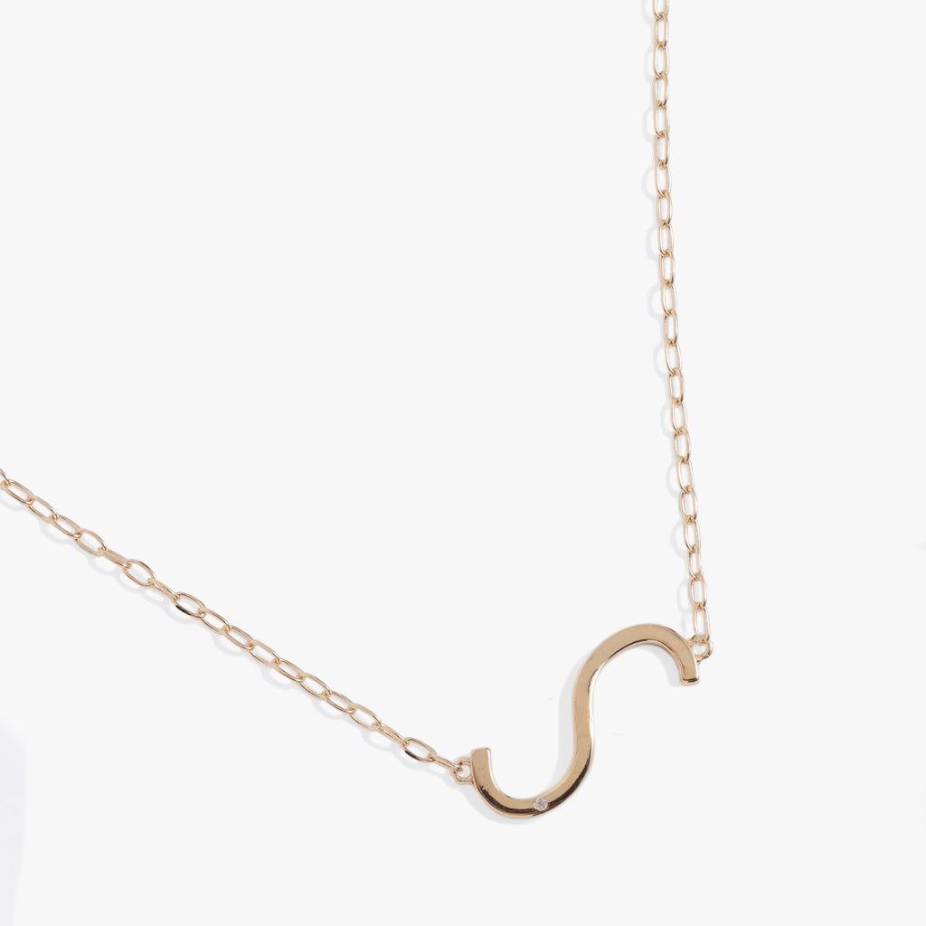 Sideways Initial S Pendant Necklace with White CZ Accent