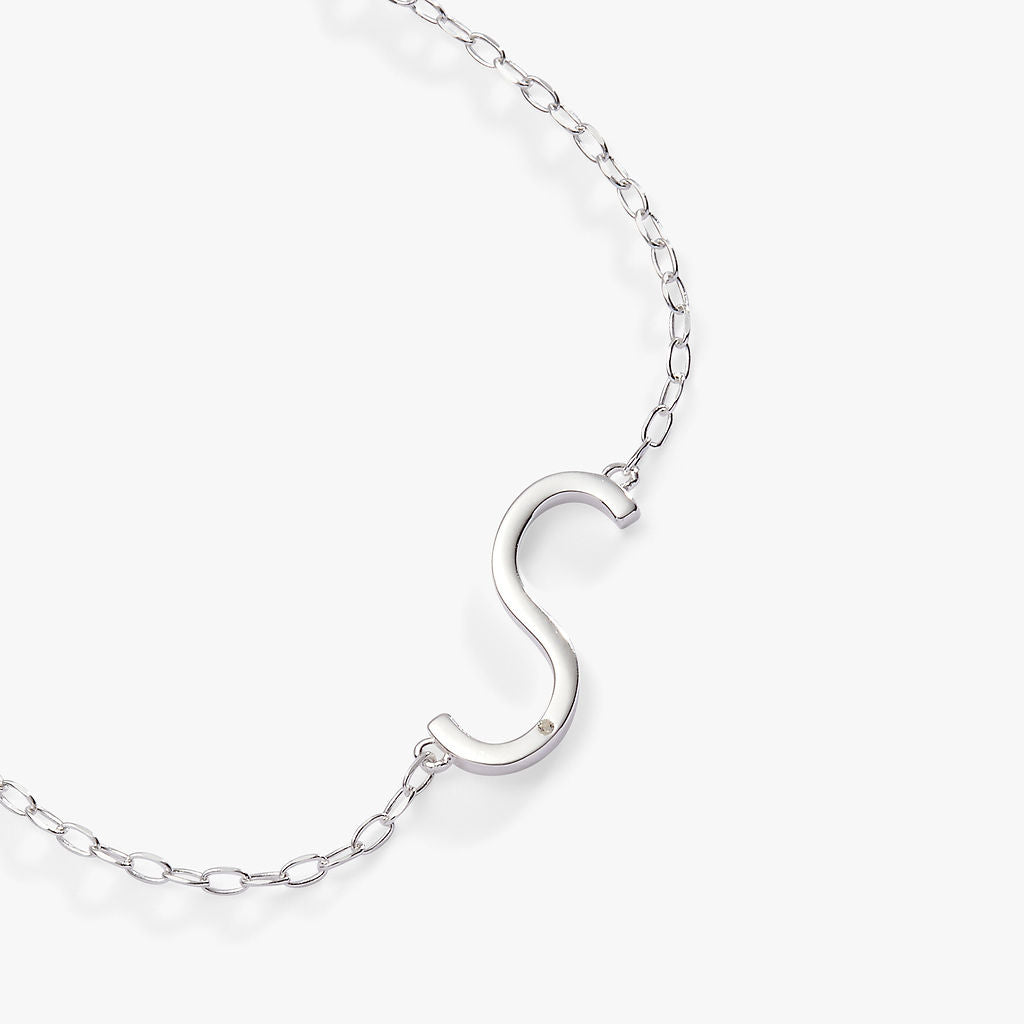 Sideways Initial S Pendant Necklace with White CZ Accent