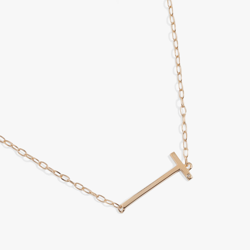 Sideways Initial T Pendant Necklace with Cubic Zirconia Accent
