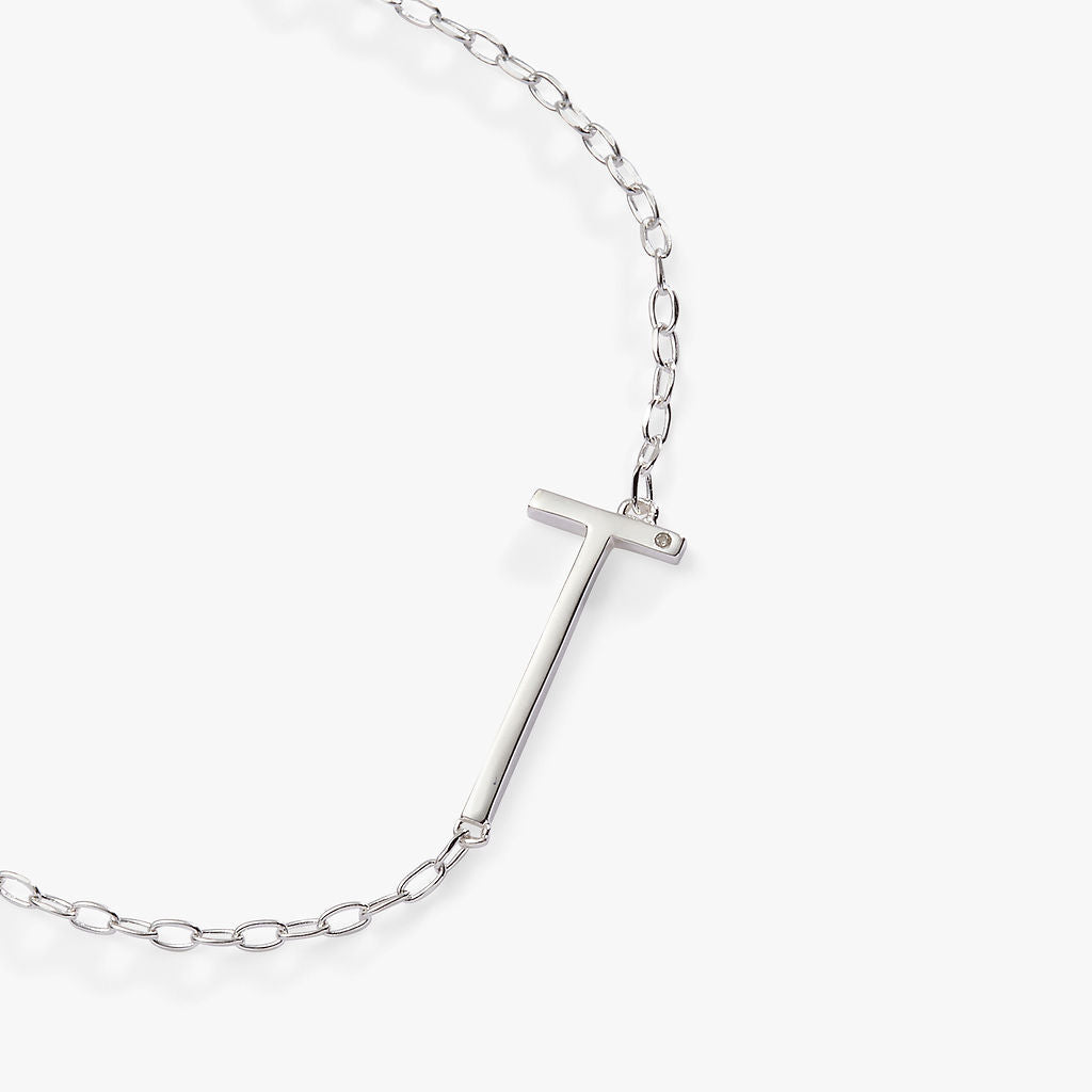 Sideways Initial T Pendant Necklace with Cubic Zirconia Accent