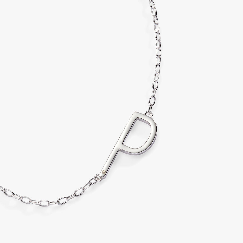 Initial P Sideways Pendant Necklace with Cubic Zirconia