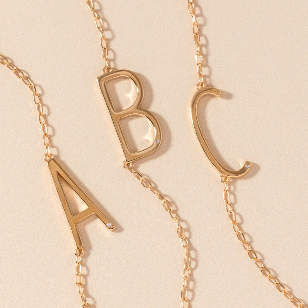 Initial C Sideways Pendant Necklace in Sterling Silver or Gold