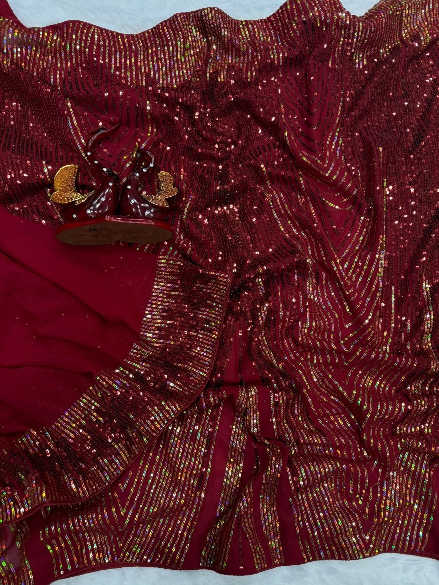 Maroon Georgette Sequin Saree with Banglori Silk Blouse