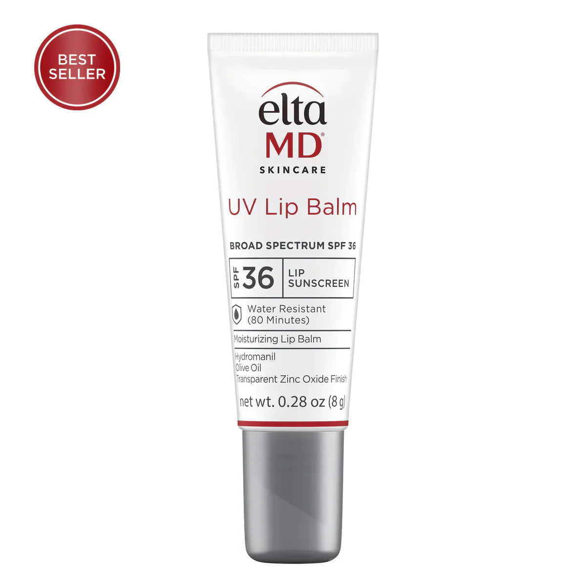 EltaMD UV Lip Balm Broad-Spectrum SPF 36 in white, red, and silver packaging