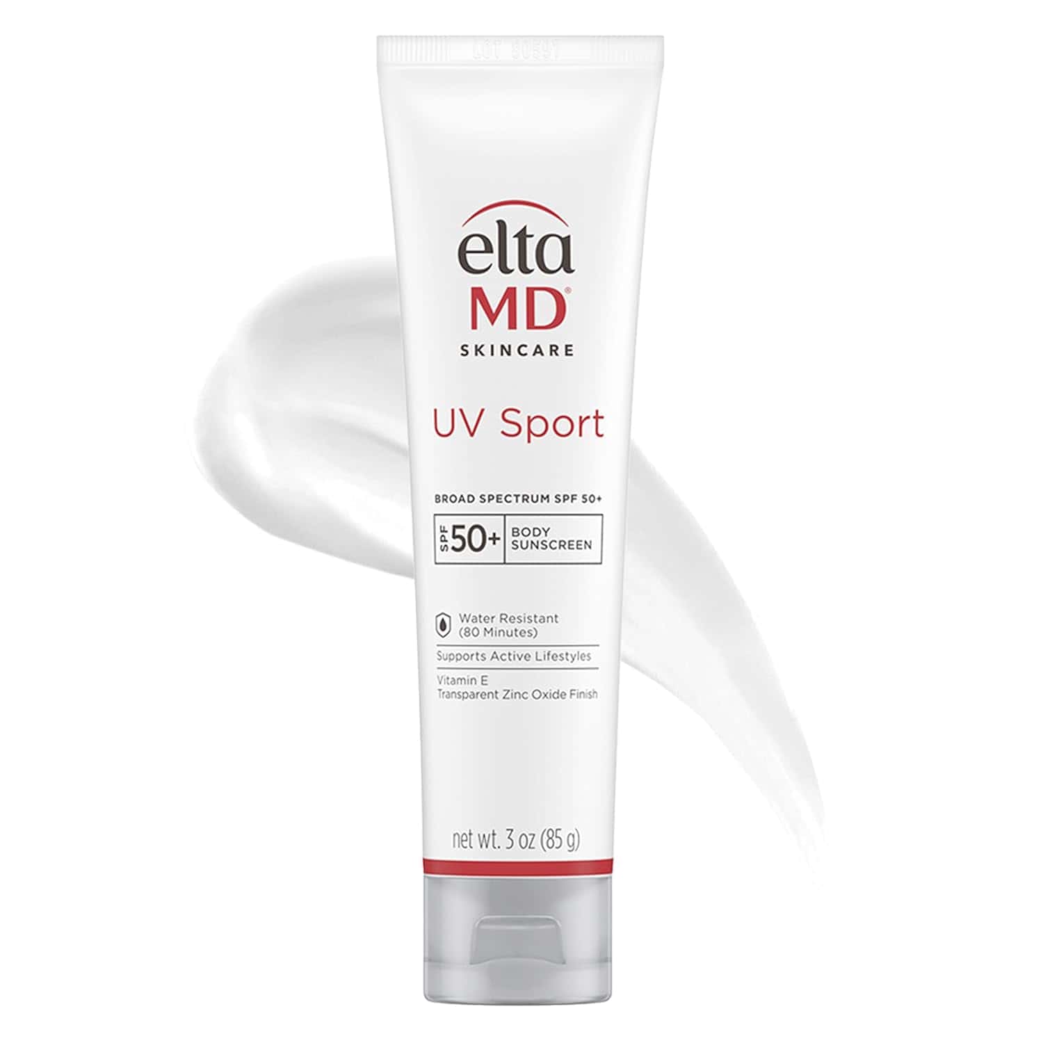 EltaMD UV Sport Broad-Spectrum SPF 50+ body sunscreen tube in white and red branding.