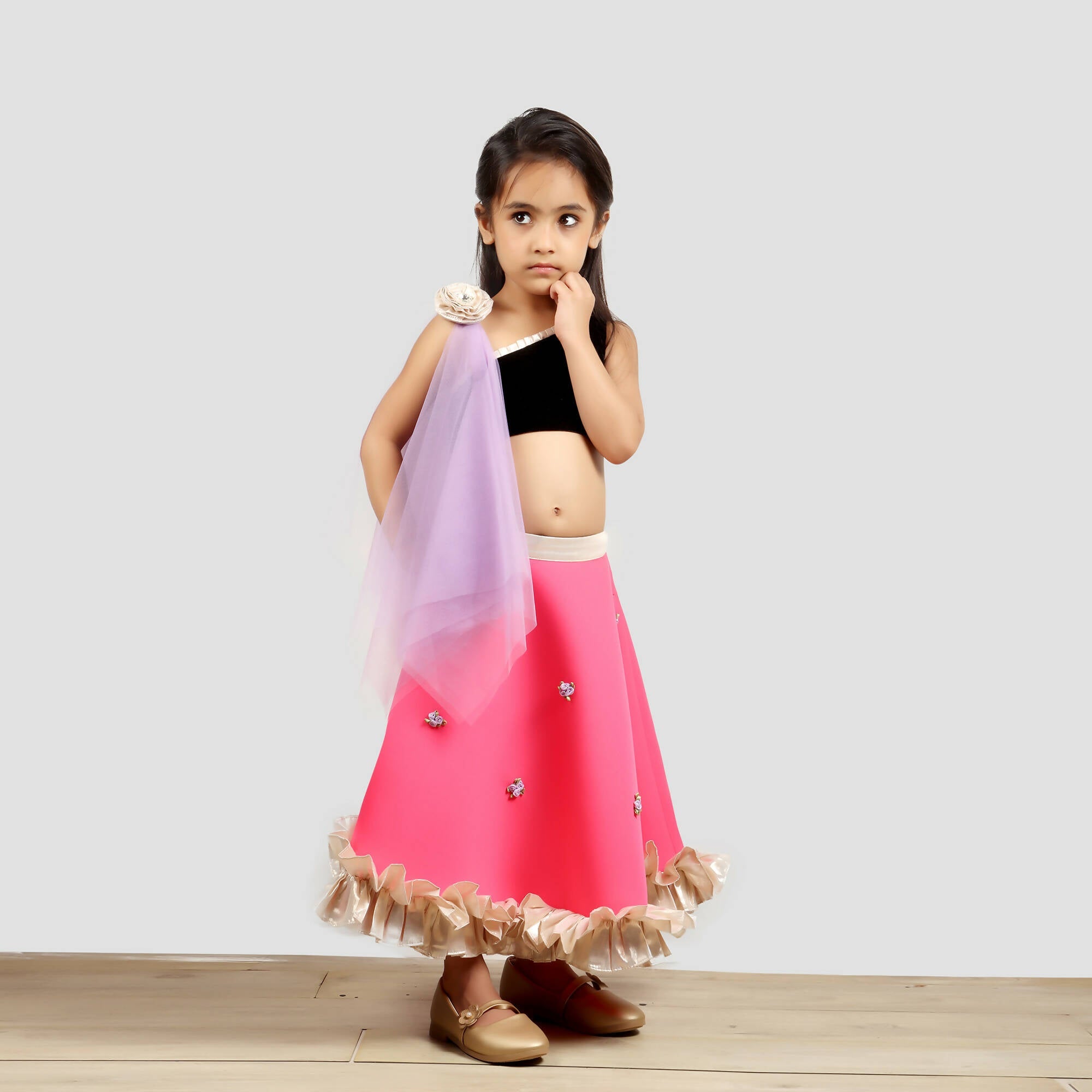 Black and Pink One Shoulder Ghagra Choli with Net Dupatta