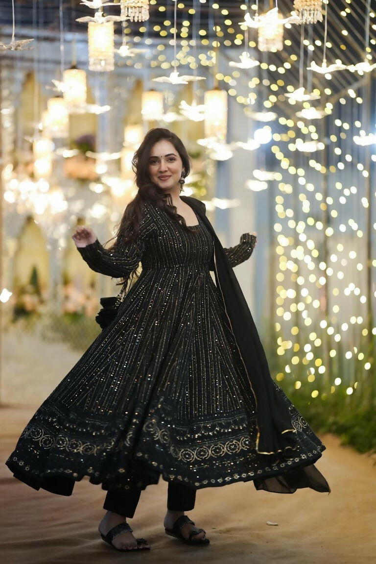 Black Faux Georgette Anarkali Dress with Zari & Sequence Embroidery