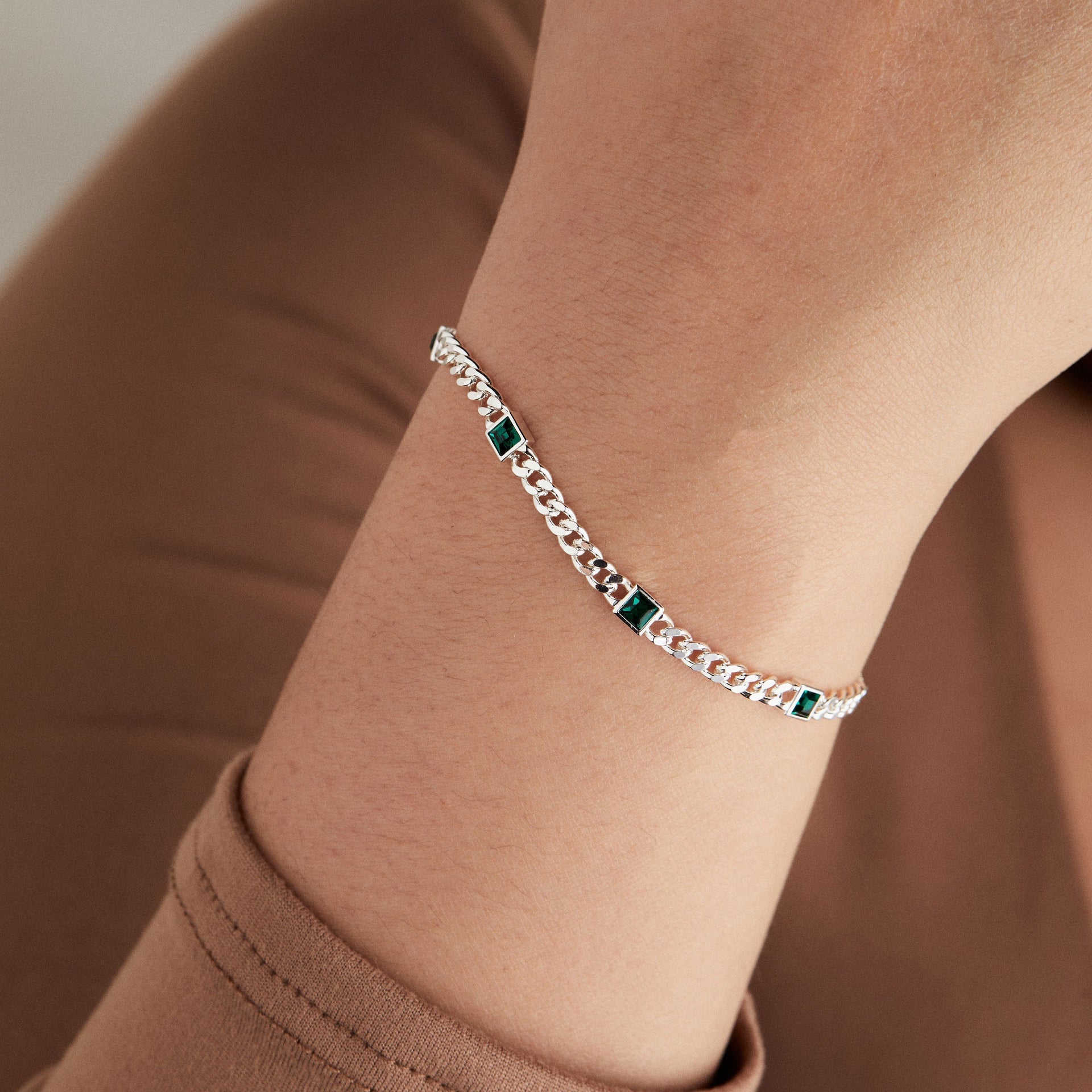 May Birthstone Emerald Green Curb Chain Bracelet