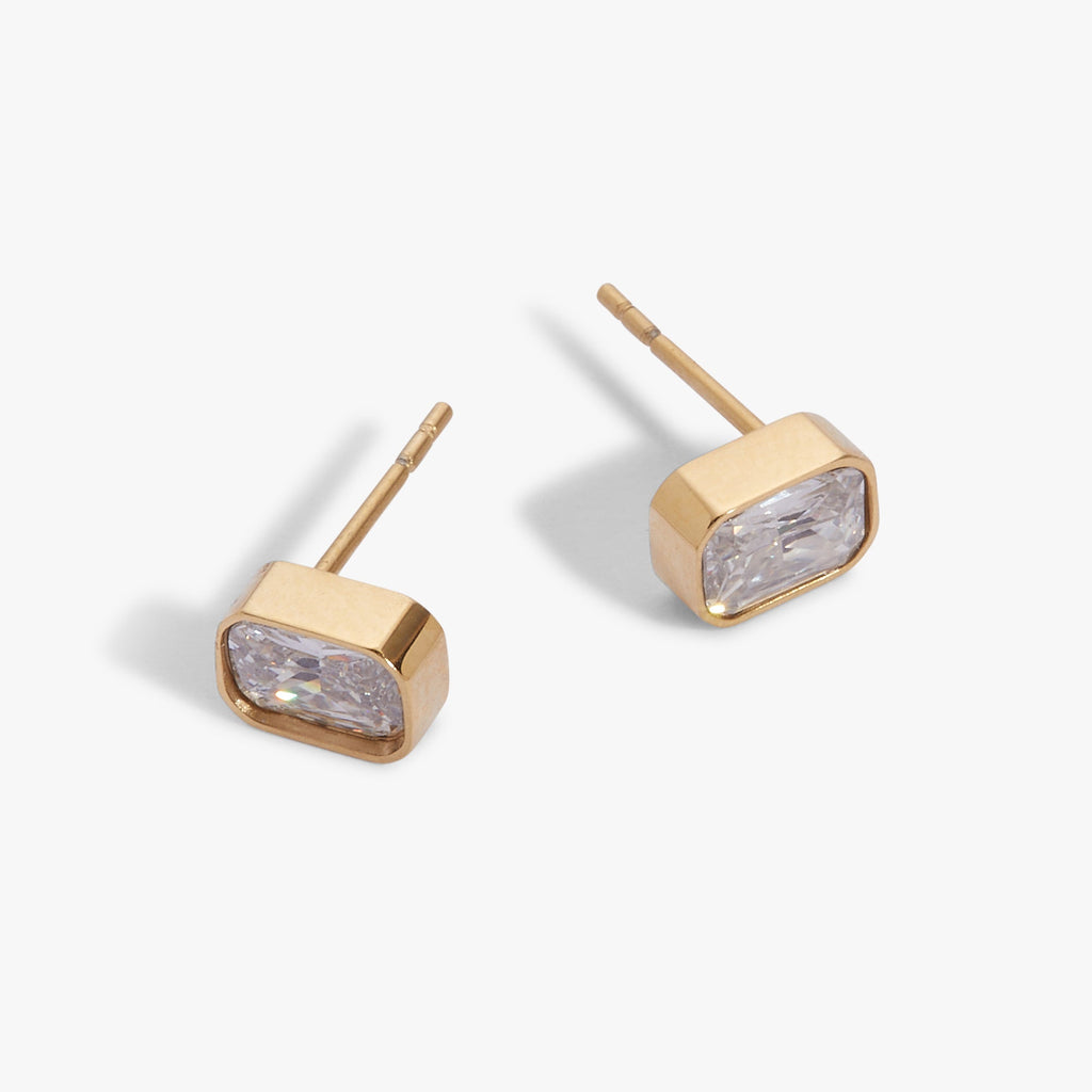 April Birthstone Stud Earrings, Emerald-Cut Clear Crystal