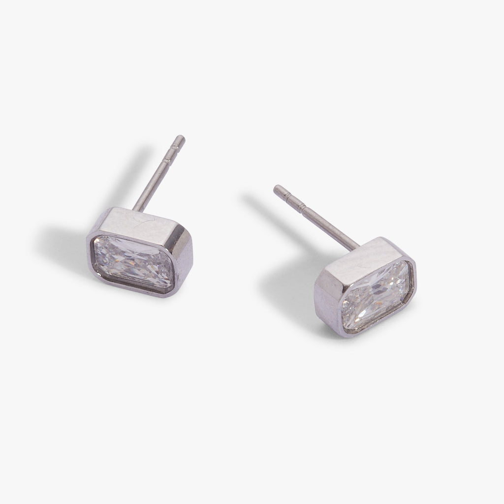 April Birthstone Stud Earrings, Emerald-Cut Clear Crystal