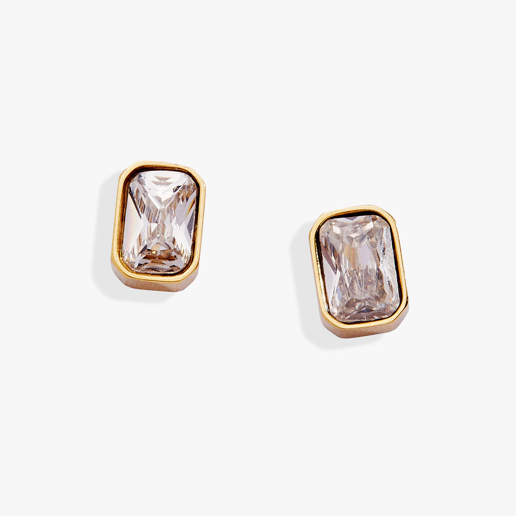 Classic emerald-cut clear crystal stud earrings in a bezel setting