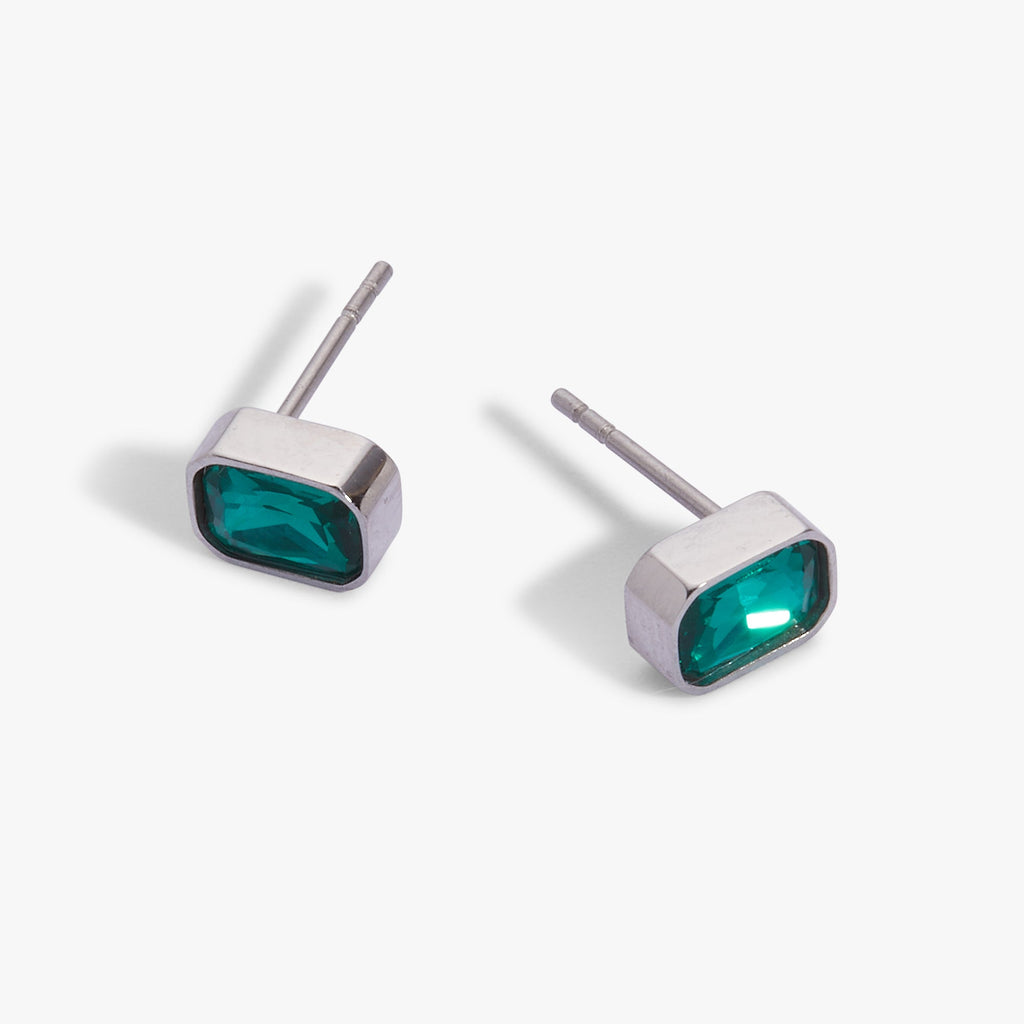 December Birthstone Stud Earrings, Emerald-Cut Blue Zircon
