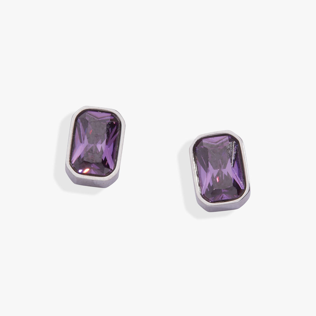February birthstone studs with an emerald-cut amethyst stone in a modern bezel setting.