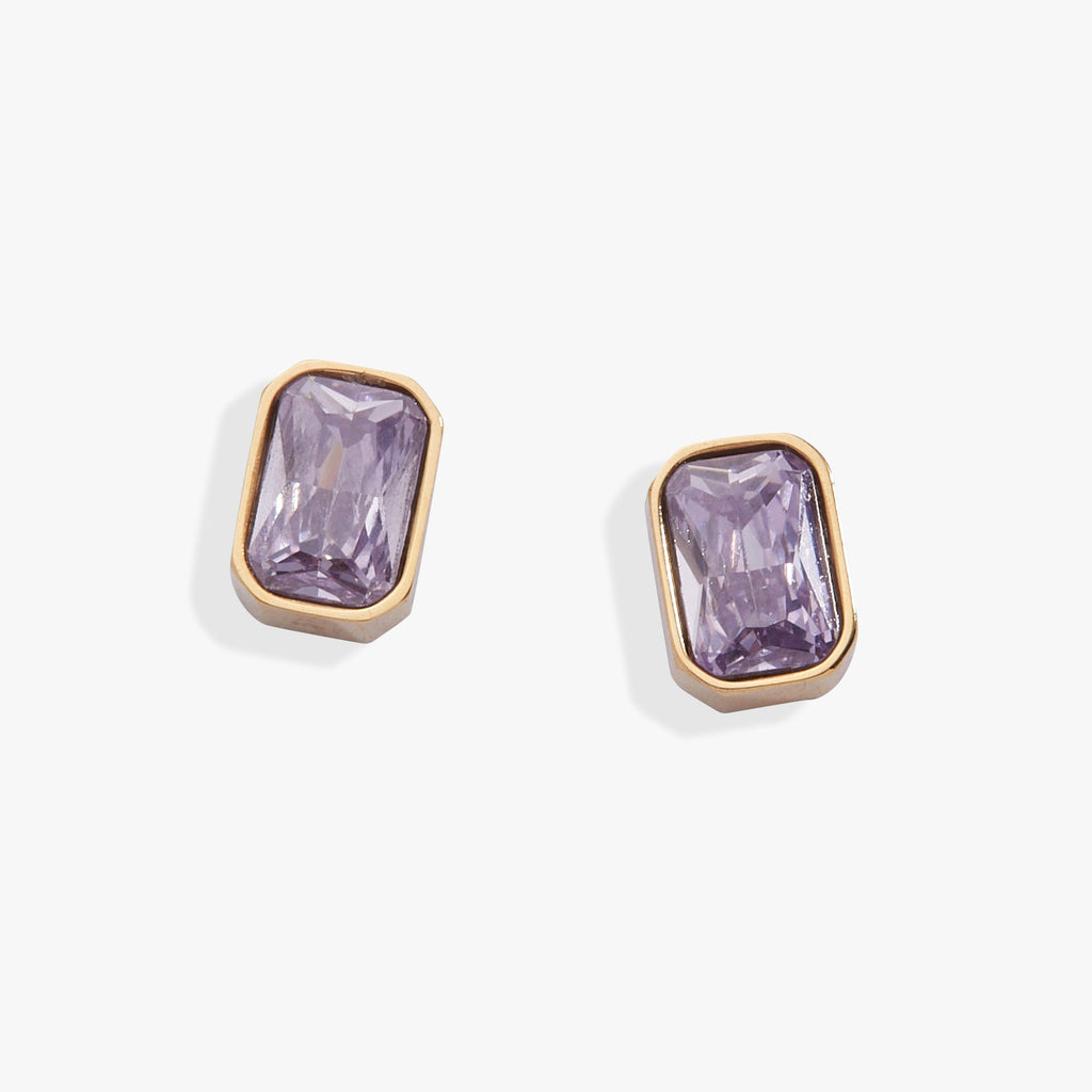 Elegant June birthstone earrings with light amethyst emerald-cut glass in a bezel setting.