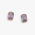 Elegant June birthstone earrings with light amethyst emerald-cut glass in a bezel setting.