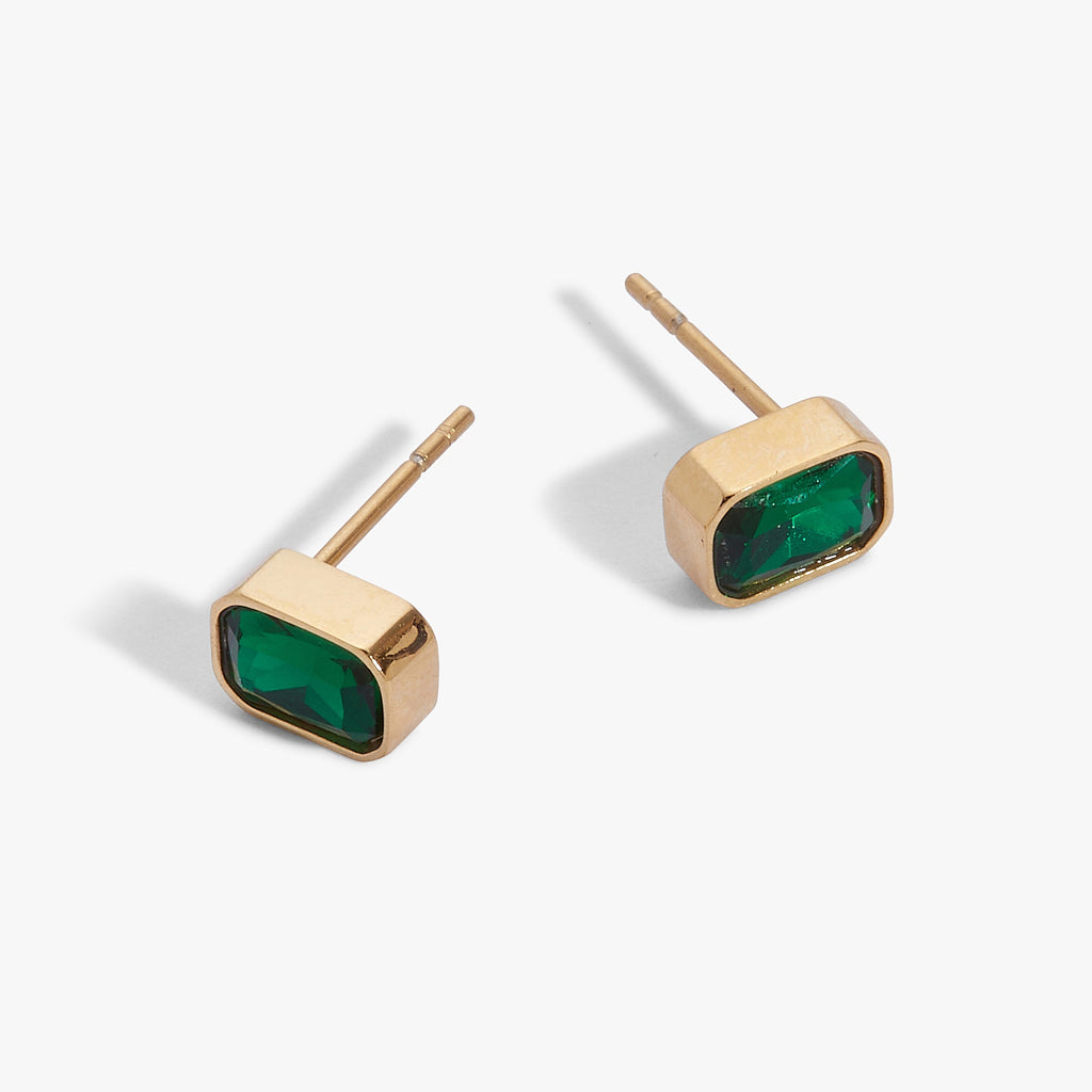May Emerald-Cut Birthstone Stud Earrings in Green Glass