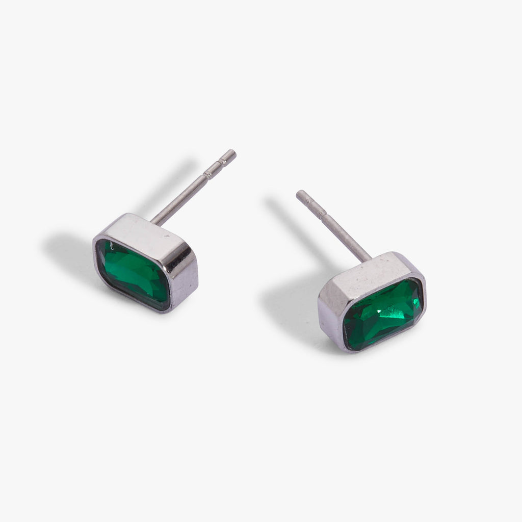 May Emerald-Cut Birthstone Stud Earrings in Green Glass