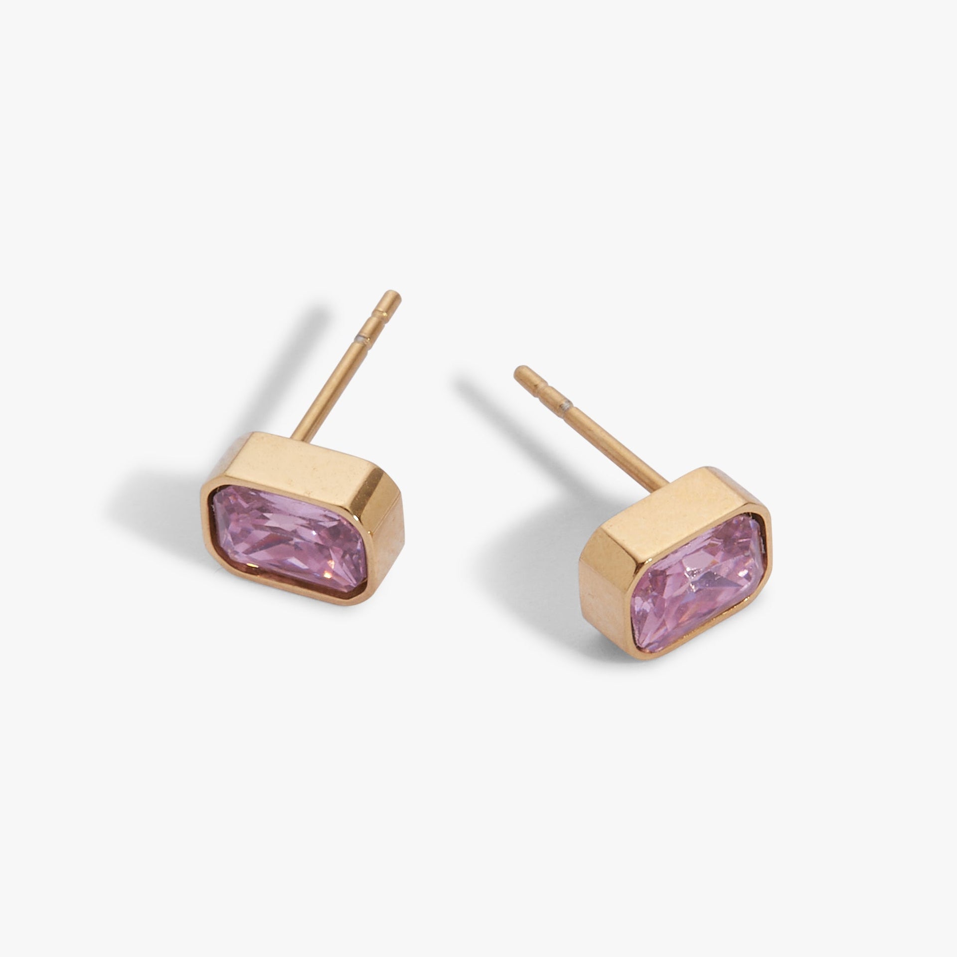 October Birthstone Stud Earrings, Emerald-Cut Rose Stone