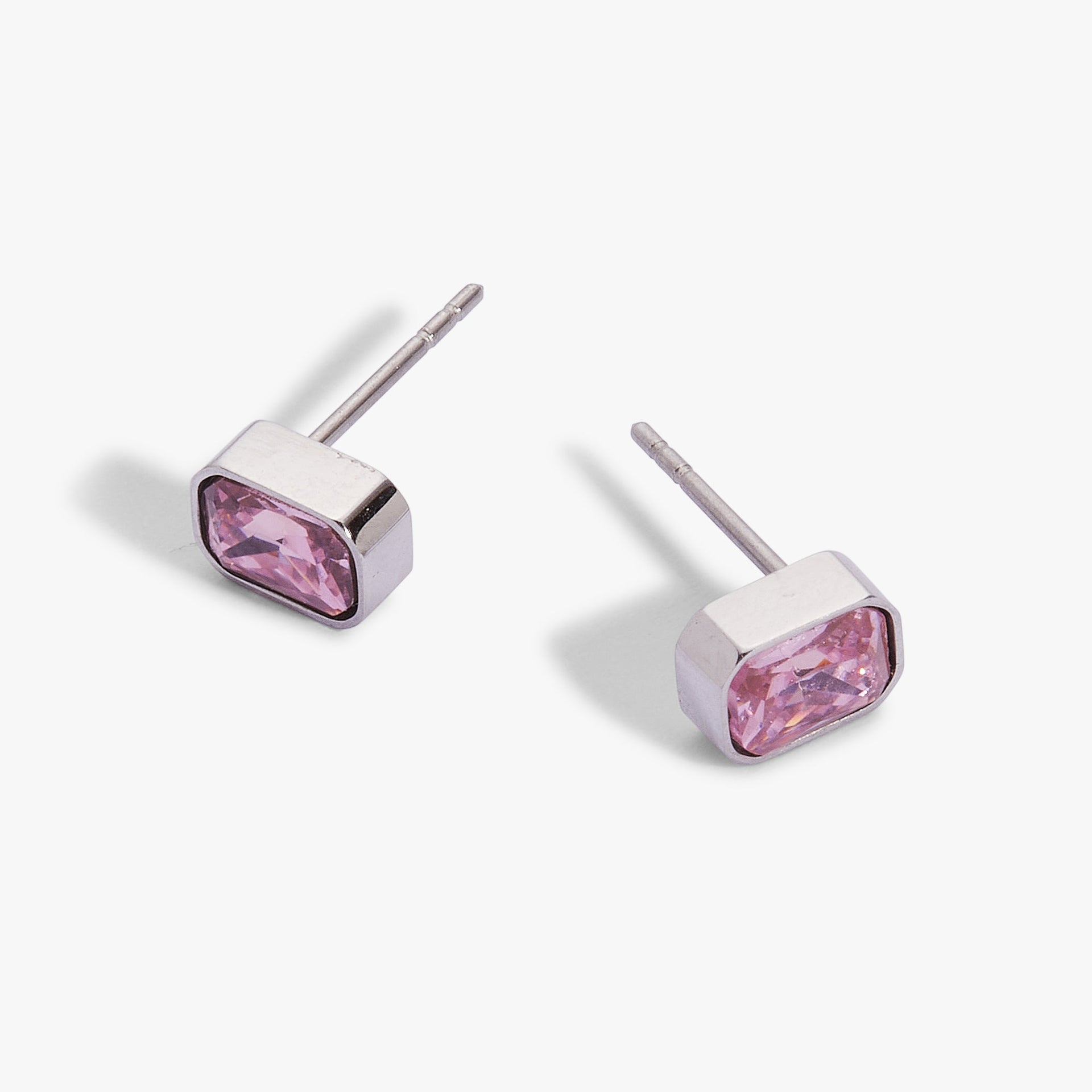 October Birthstone Stud Earrings, Emerald-Cut Rose Stone