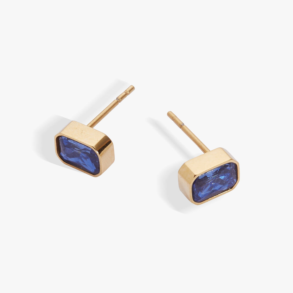September Birthstone Stud Earrings, Emerald-Cut Sapphire Glass