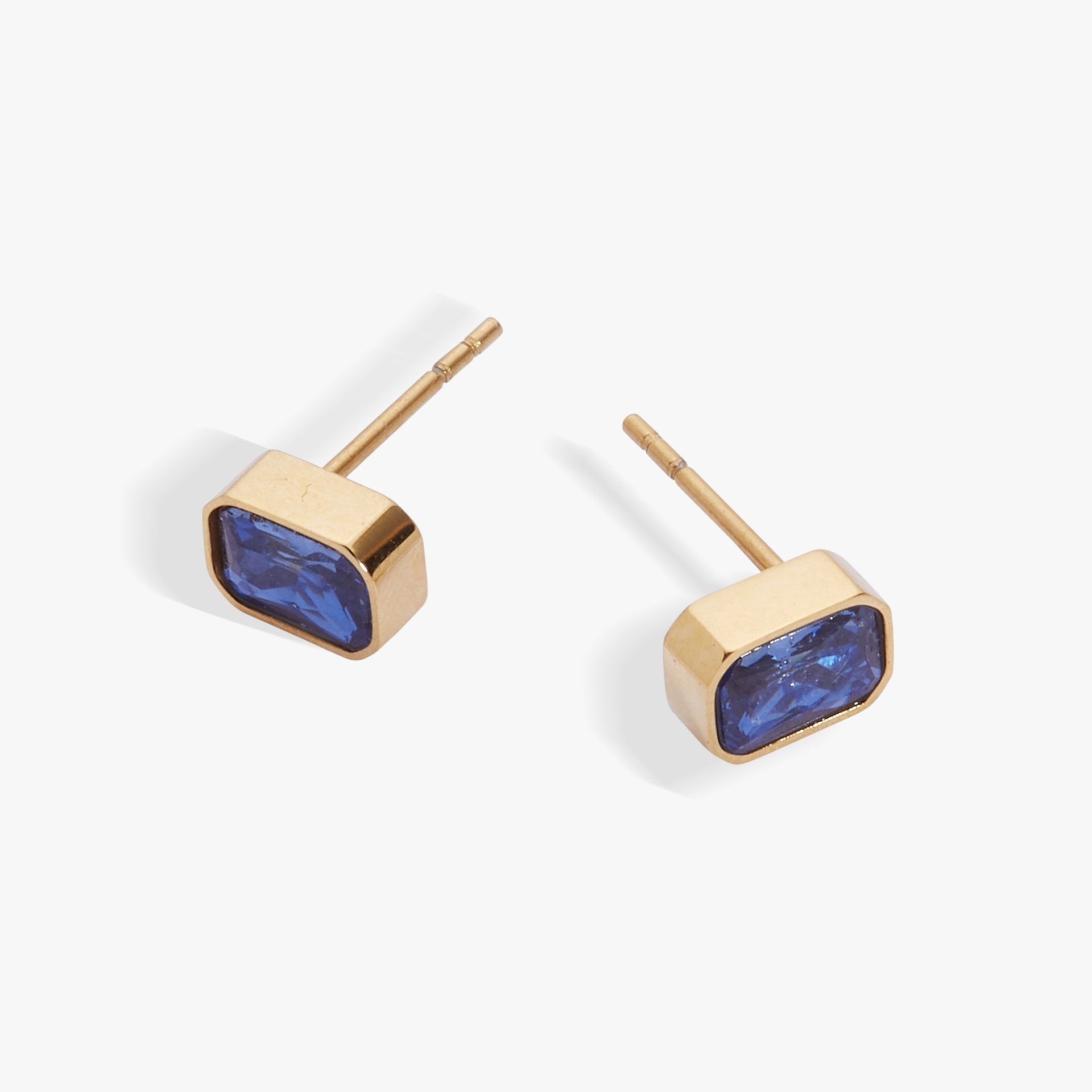 September Birthstone Stud Earrings, Emerald-Cut Sapphire Glass