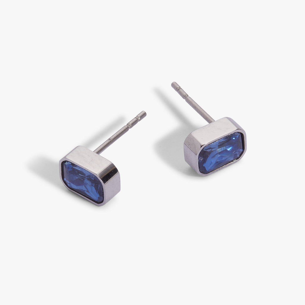 September Birthstone Stud Earrings, Emerald-Cut Sapphire Glass