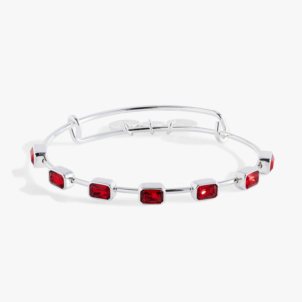January birthstone expandable wire bangle with seven emerald-cut garnet red crystals