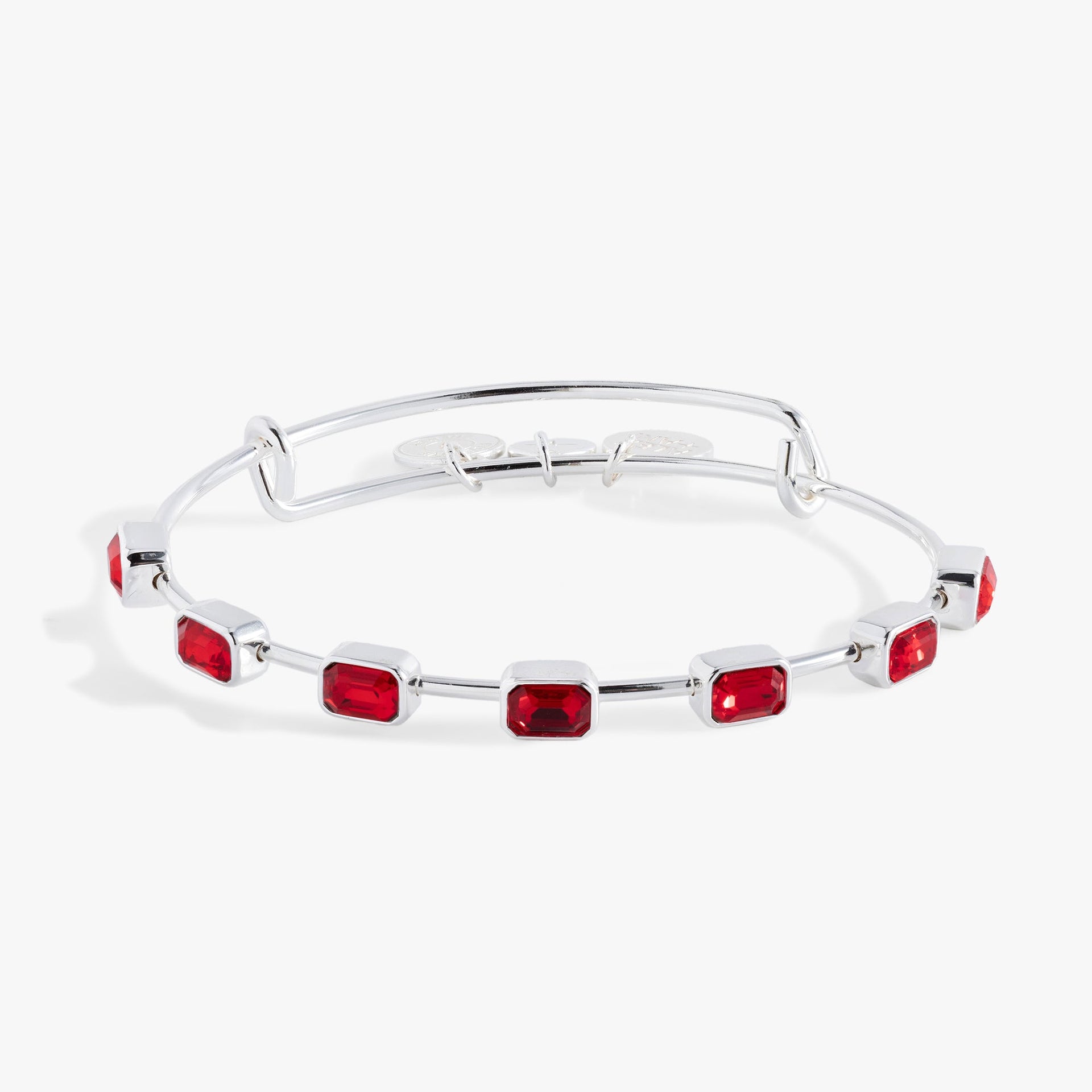July Birthstone Bangle featuring seven emerald-cut red crystals on an expandable wire band.