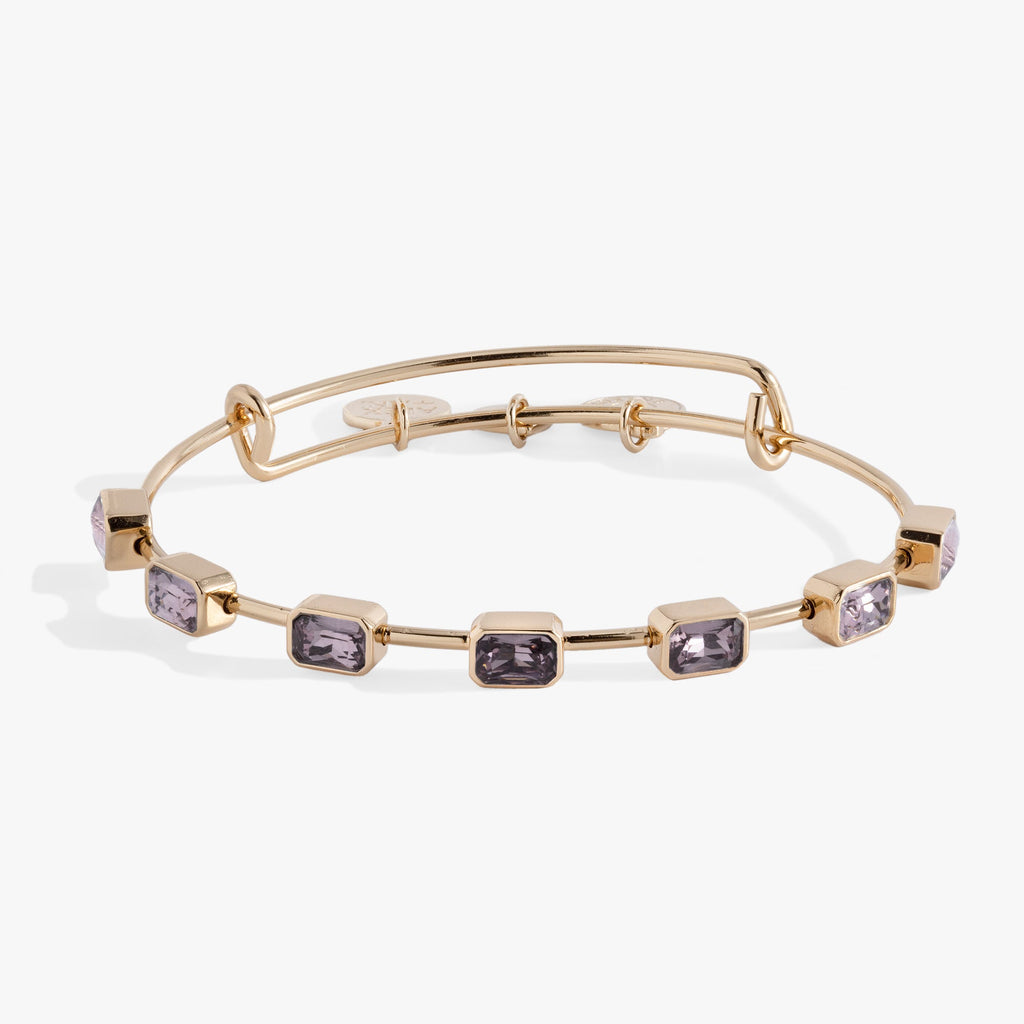 June birthstone bangle featuring seven light amethyst emerald-cut crystals on an expandable silver-tone wire.