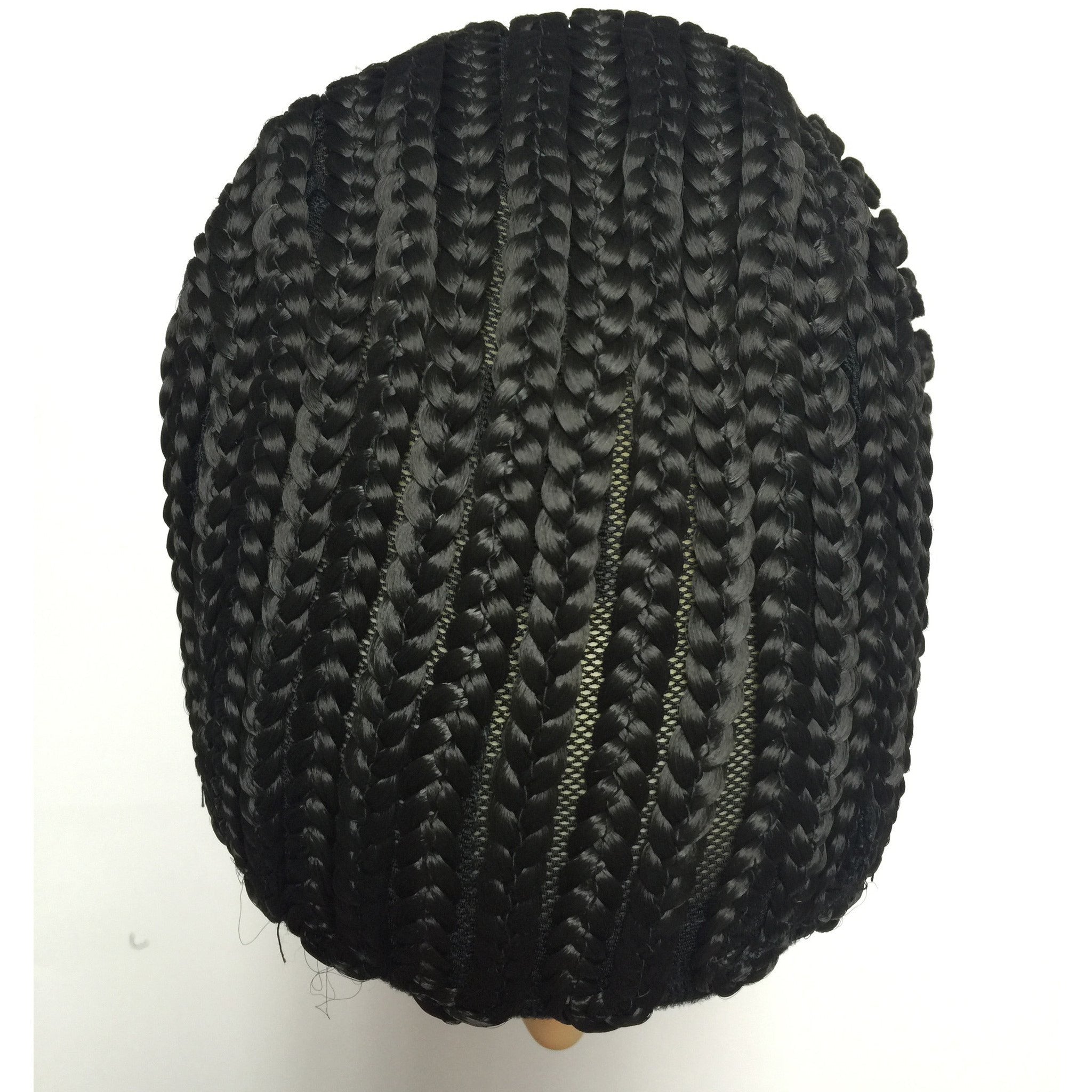 A close-up view of the Emerald pre-braided cap featuring high-quality kanekalon cornrow styling.