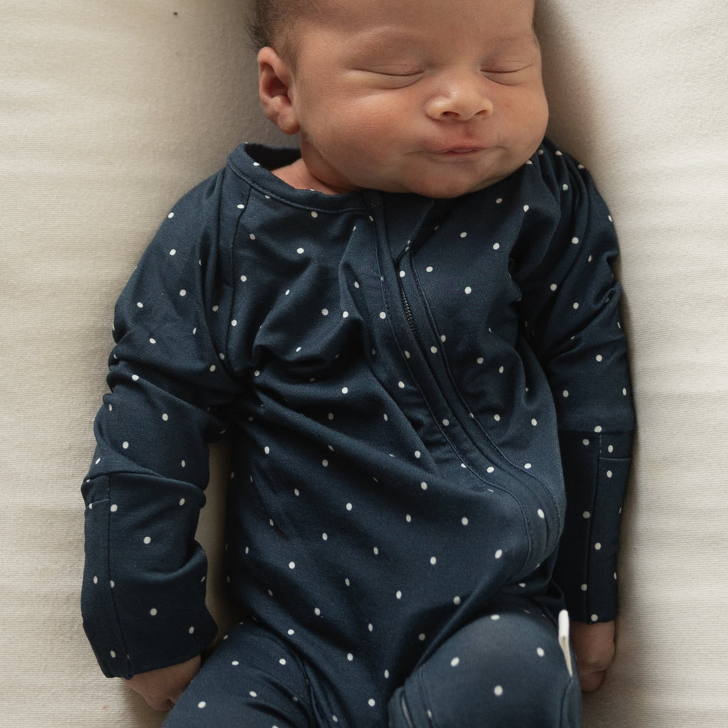 Polka Dot Bamboo Zip Pajamas for Babies and Kids in Navy and White
