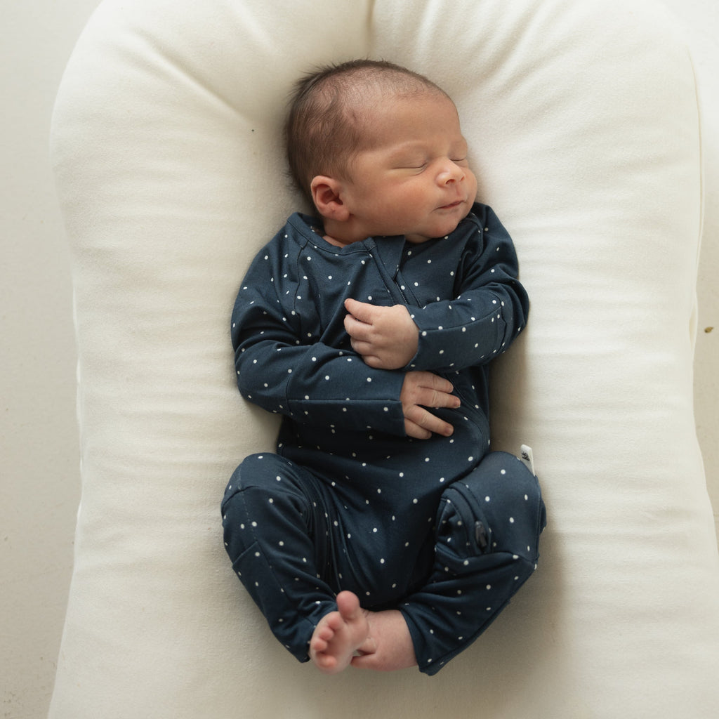 Polka Dot Bamboo Zip Pajamas for Babies and Kids in Navy and White
