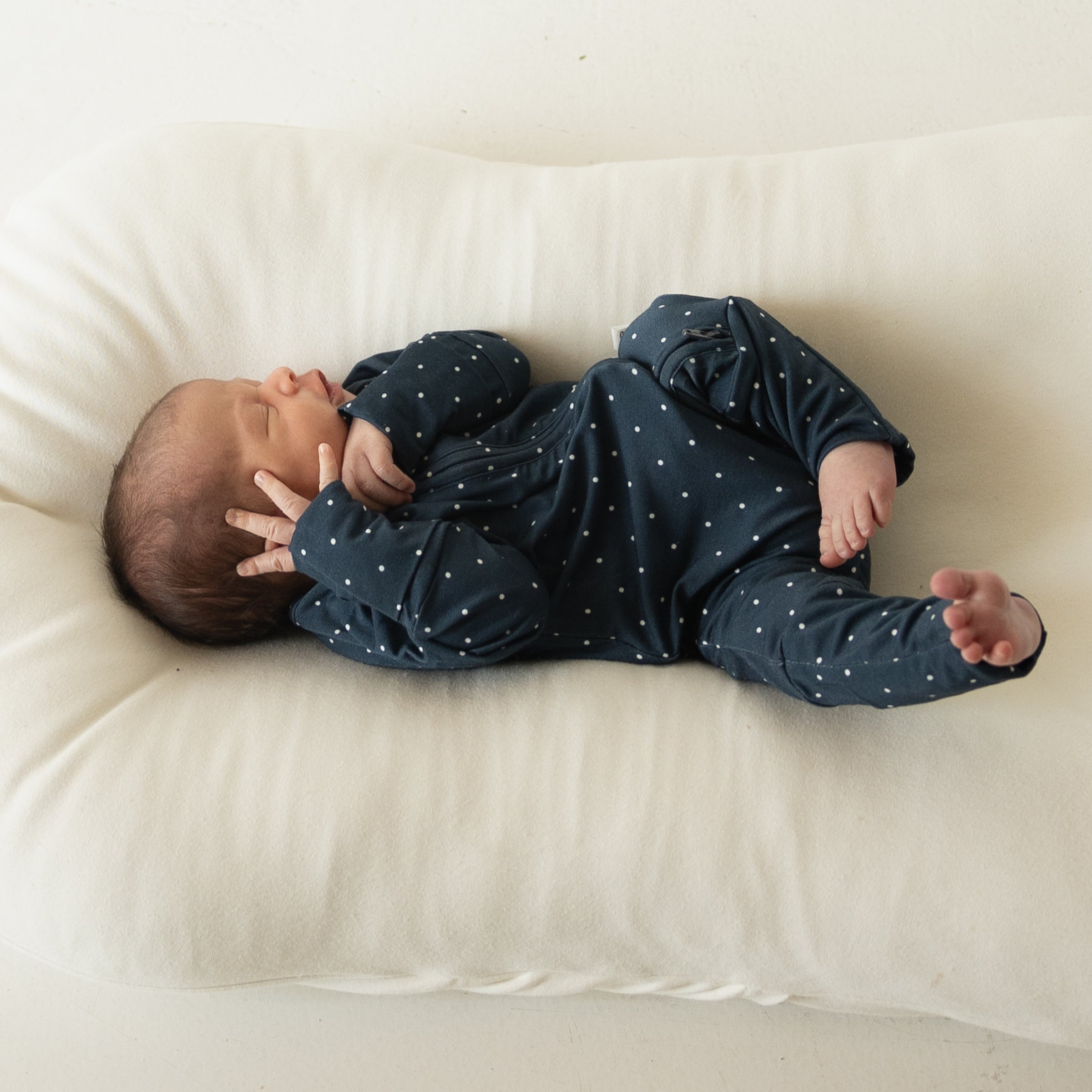 Polka Dot Bamboo Zip Pajamas for Babies and Kids in Navy and White