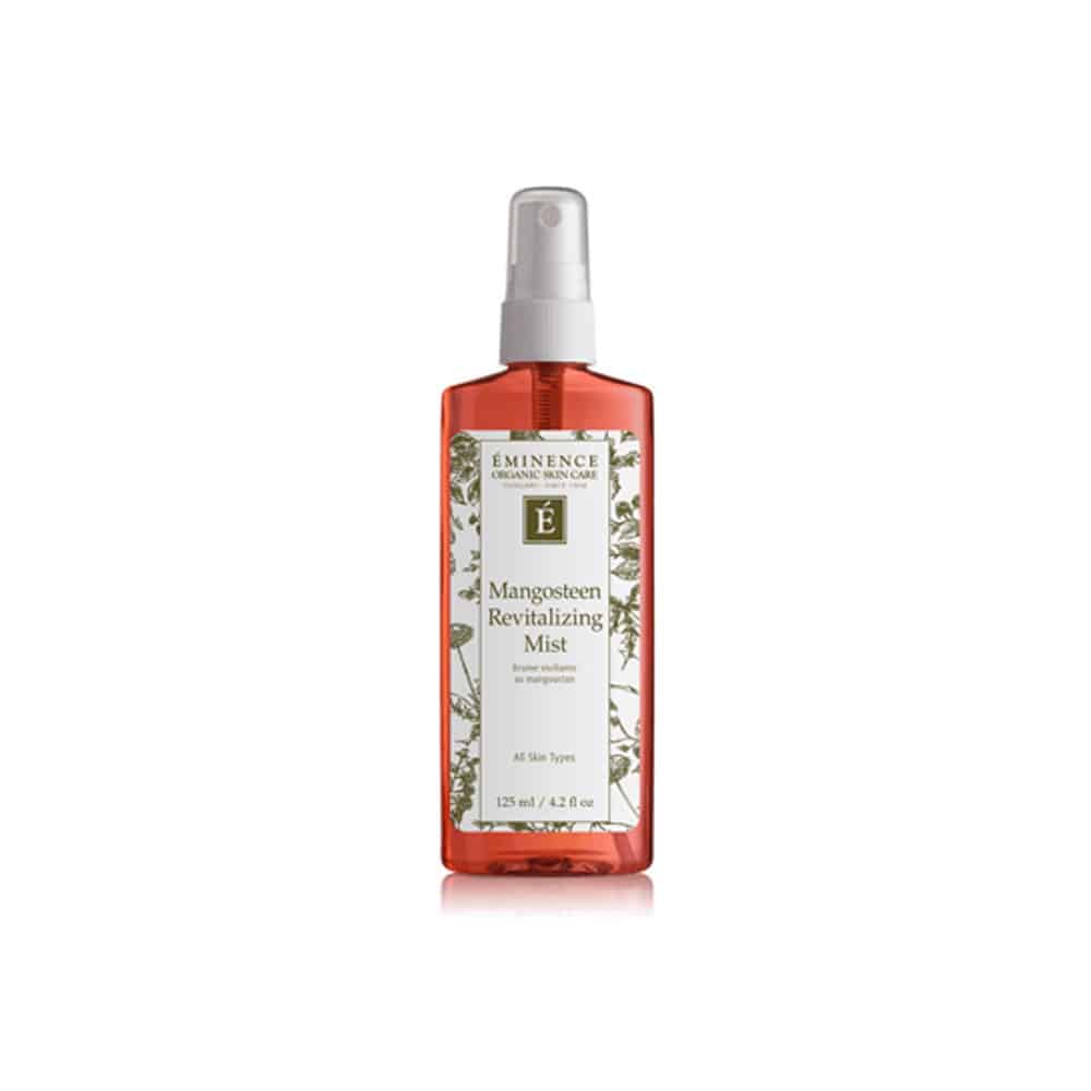 Eminence Mangosteen Revitalizing Mist in an amber translucent plastic bottle with white and green branding.