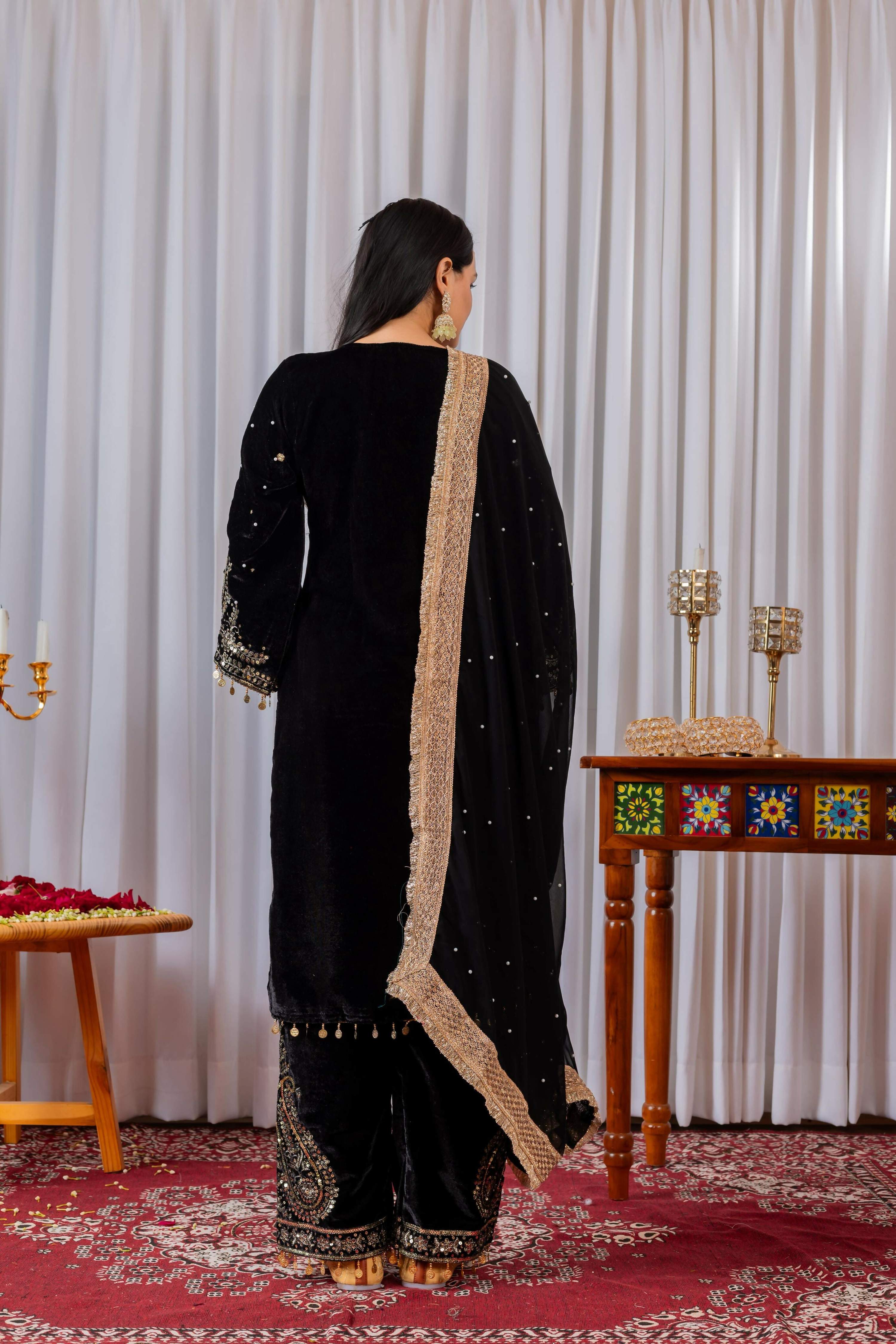 Joban Fashion Black Velvet Embroidery Kurta Set
