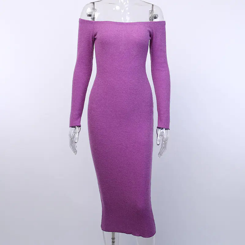 Women's Ribbed Off-Shoulder Long Sleeve Bodycon Midi Dress - Image 6