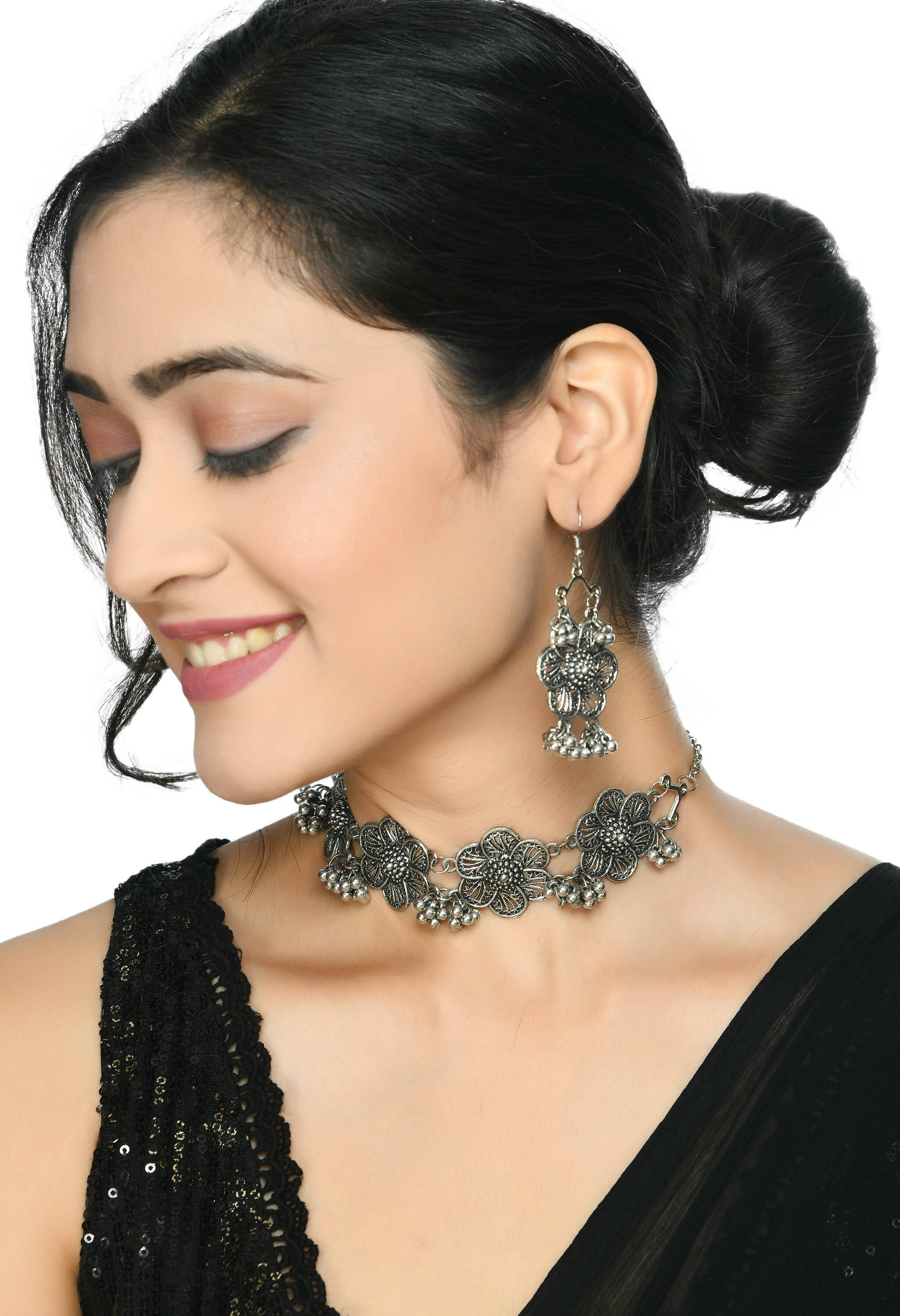 Silver-Plated Floral Design Oxidised Brass Choker Necklace