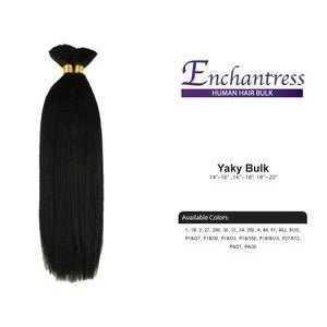 Enchantress Yaky Bulk human hair extensions available in black, brown, and red