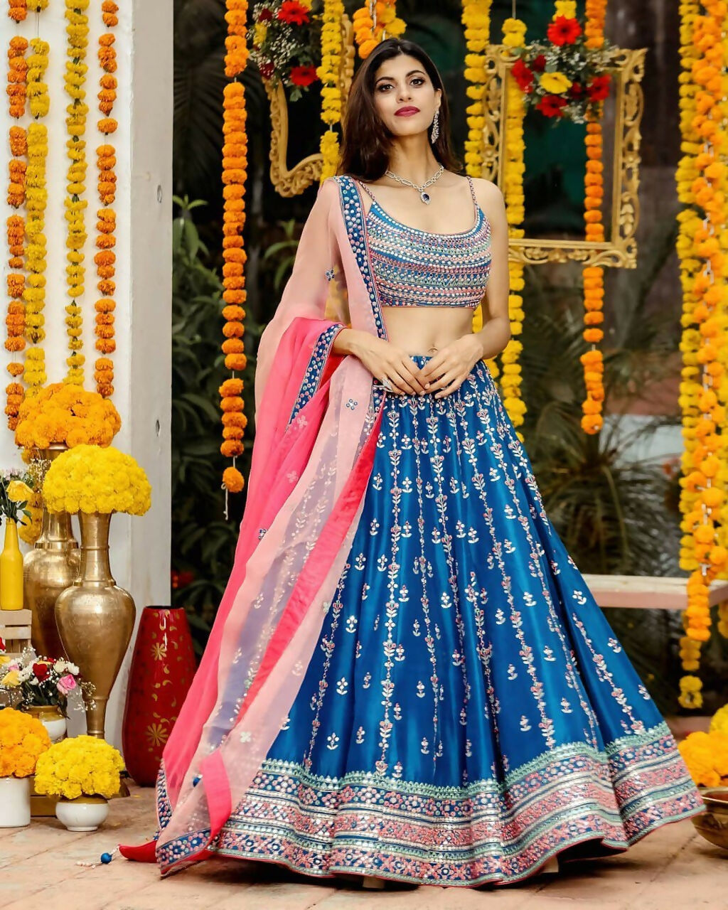 Blue Chinon Lehenga Choli with Sequins Zari Thread Embroidery