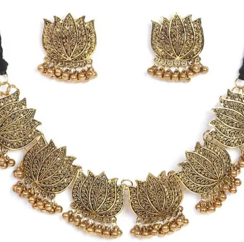Golden Oxidised Lotus Choker Necklace Set for Ethnic Party Wear