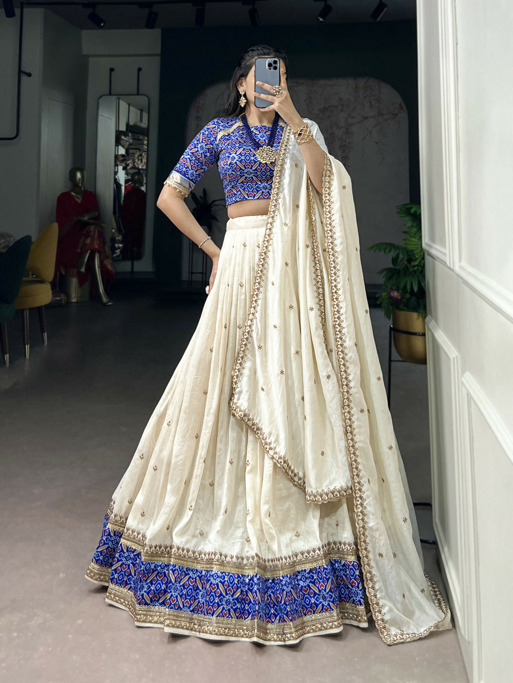 White Vichitra Silk Lehenga Choli with Sequins and Embroidery