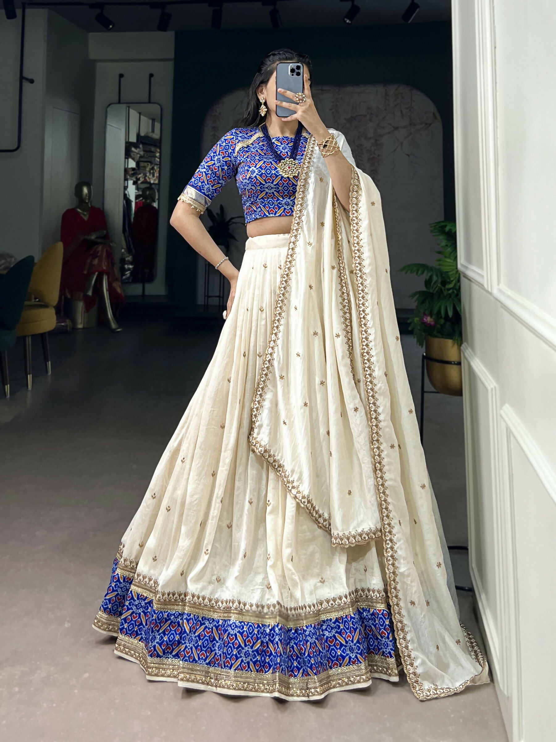 White Vichitra Silk Lehenga Choli with Sequins and Embroidery
